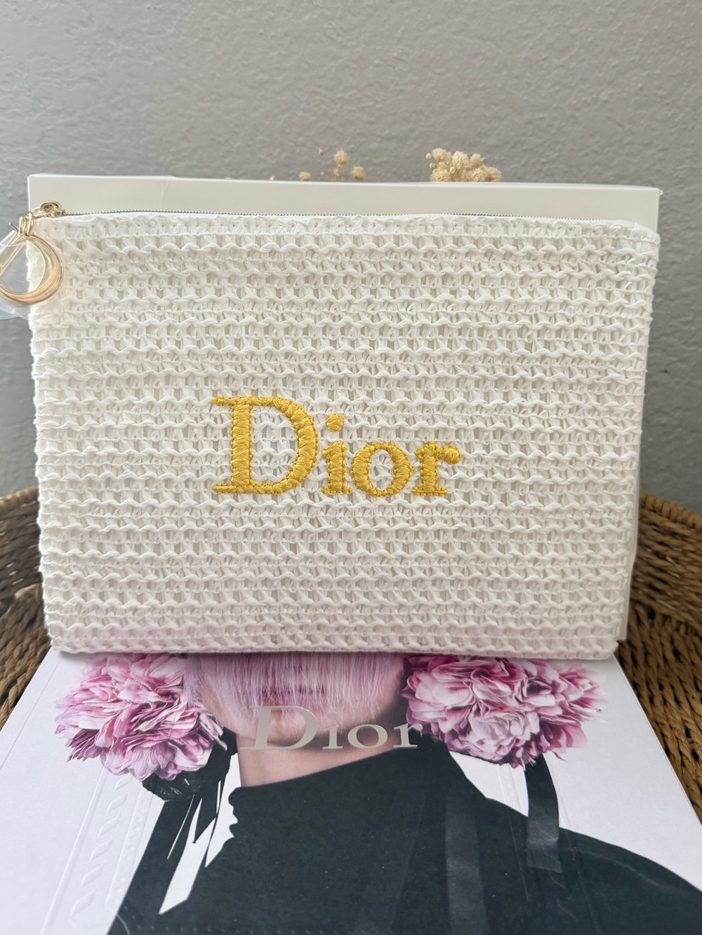 Dior Cream Woven Cosmetic Pouch with Yellow Embroidered Logo